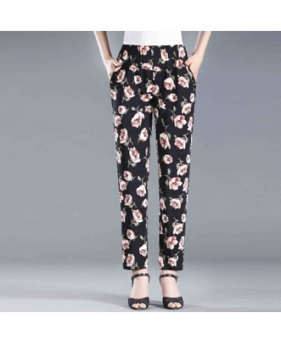 2022 Summer Floral Printed Trousers Casual Thin Beach Straight Pants Women Elastic High Waist Ankle-length Pants $34.01 - Pan...