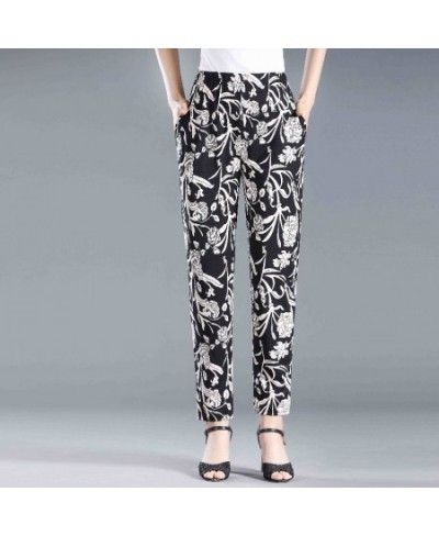 2022 Summer Floral Printed Trousers Casual Thin Beach Straight Pants Women Elastic High Waist Ankle-length Pants $34.01 - Pan...