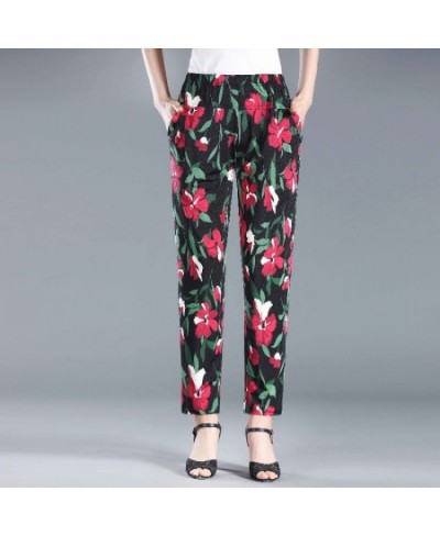 2022 Summer Floral Printed Trousers Casual Thin Beach Straight Pants Women Elastic High Waist Ankle-length Pants $34.01 - Pan...