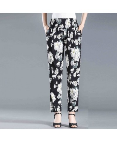 2022 Summer Floral Printed Trousers Casual Thin Beach Straight Pants Women Elastic High Waist Ankle-length Pants $34.01 - Pan...