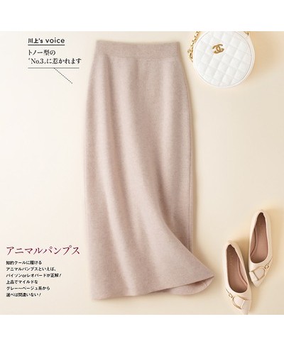 100% pure wool skirt new women's autumn and winter mid-length high-waisted thin cashmere skirt knitted all-match hip skirt $9...