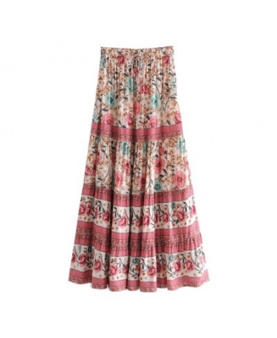 2023 Bohemia Contrast color Floral Print Long Skirt Stitching Ruched Ruffle Hem Holiday Women Elastic Waist Swing Skirts Beac...