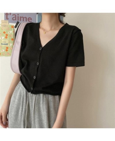 Summer Women Polo Shirt Short Sleeve New 2022 Korean Fashion Versatile V-neck Single Breasted Knitting Cardigan Solid Color T...