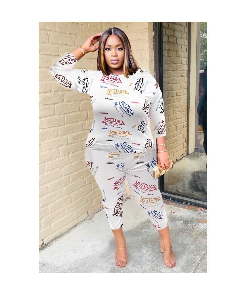 Woman Pants Set Long Sleeve Tracksuit Fashion Printing Letter Sexy O-neck White Streetwear Plus Size Two-piece Suits $40.72 -...